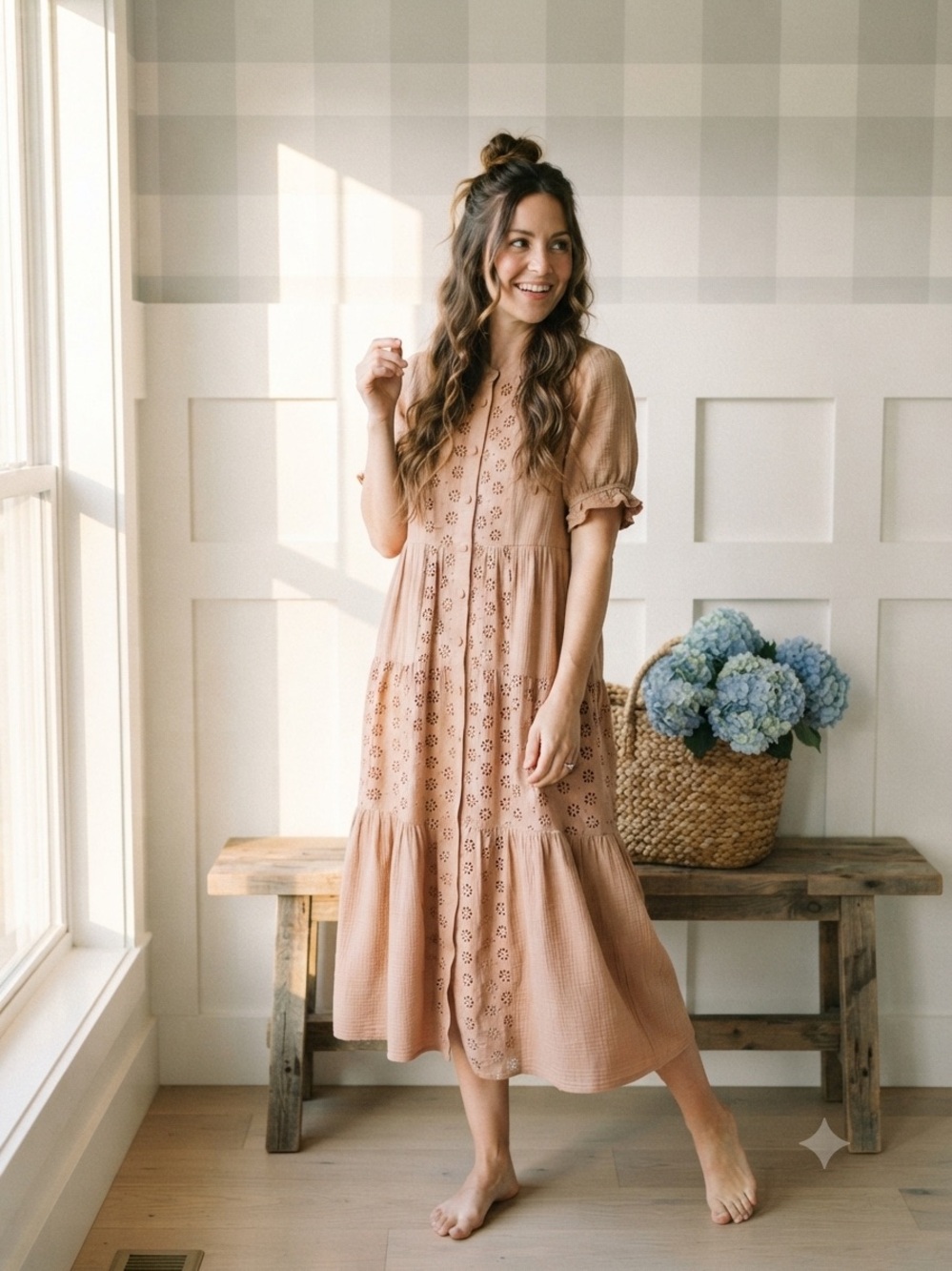 Eyelet Tiered Midi Dress in Dusty Rose Small